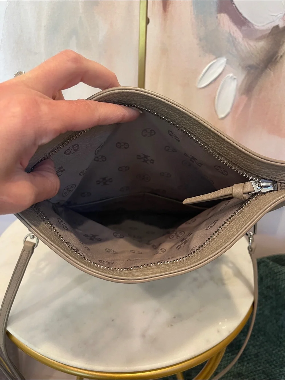 Tory Burch Foldover Pebbled Leather Crossbody in Turtle Dove (Gray)